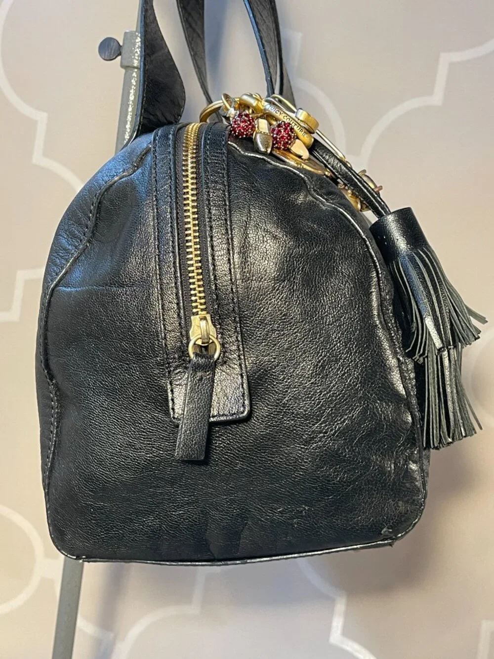 Juicy Couture Y2K Black Leather Bowling Shoulder Bag Tassel Logo Purse